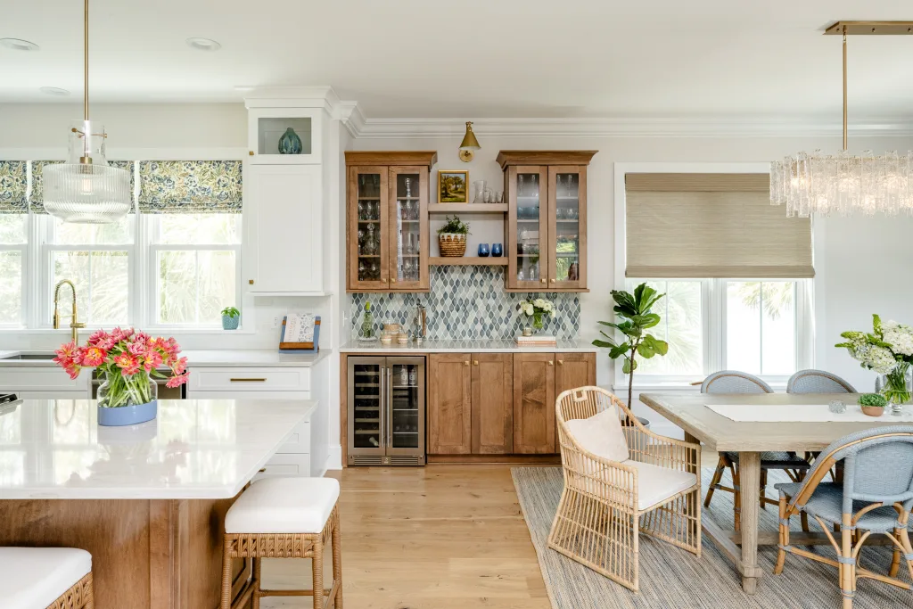 Open-plan kitchen, bar, and dining layout in Charleston, SC