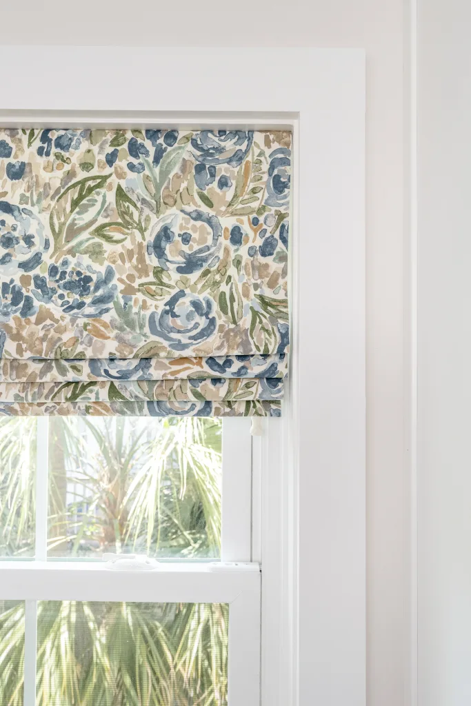 Botanical floral Roman shade with view of palmettos, Charleston, SC